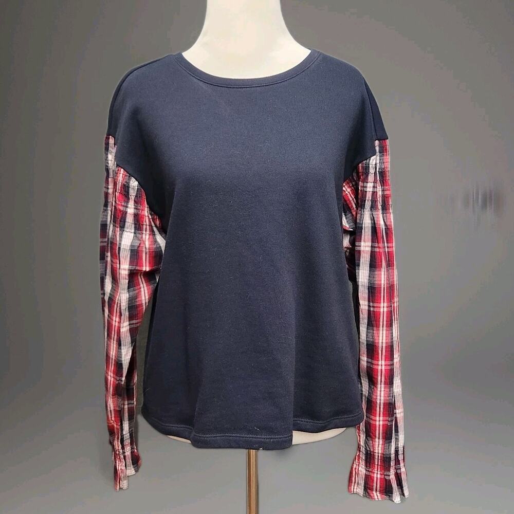 TOMMY HILFIGER NAVY BLUE Crewneck Mixed Media Plaid SIZE Medium